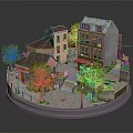 Cartoon Village Scene With Colorful Rooftops Trees Stone Path Stairs And Red Awnings