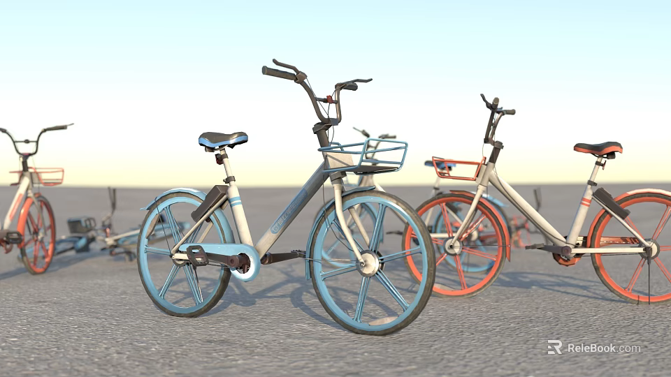 Blue and Orange City Bicycles with Front Baskets Parked on Outdoor Road 3d model 