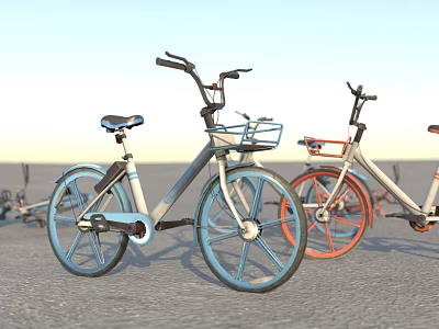 Blue and Orange City Bicycles with Front Baskets Parked on Outdoor Road 3d model
