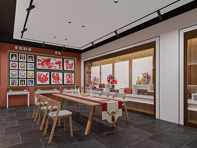 Traditional Cultural Interior Design With Paper Cuttings Display Cabinets And Wooden Tables 3d model