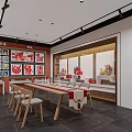 Traditional Cultural Interior Design With Paper Cuttings Display Cabinets And Wooden Tables