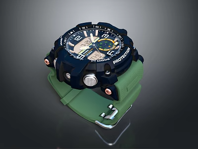 Sporty Watch with Black Dial Green Silicone Strap and Chronograph Function Modern Design 3d model