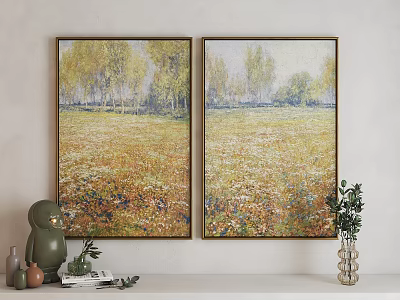 Two Golden Framed Landscape Paintings with Yellow Trees and Flowering Meadow on Light Colored Wall 3d model