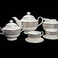 Elegant White Tea Set with Teapot Sugar Bowl Creamer Teacups and Saucers Featuring Gold Stripes