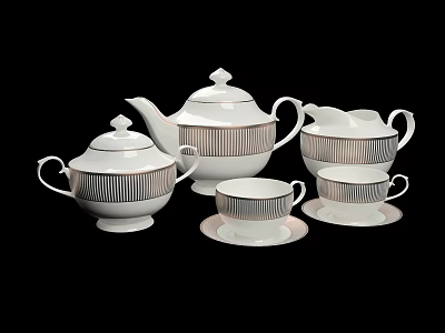 Elegant White Tea Set with Teapot Sugar Bowl Creamer Teacups and Saucers Featuring Gold Stripes 3d model