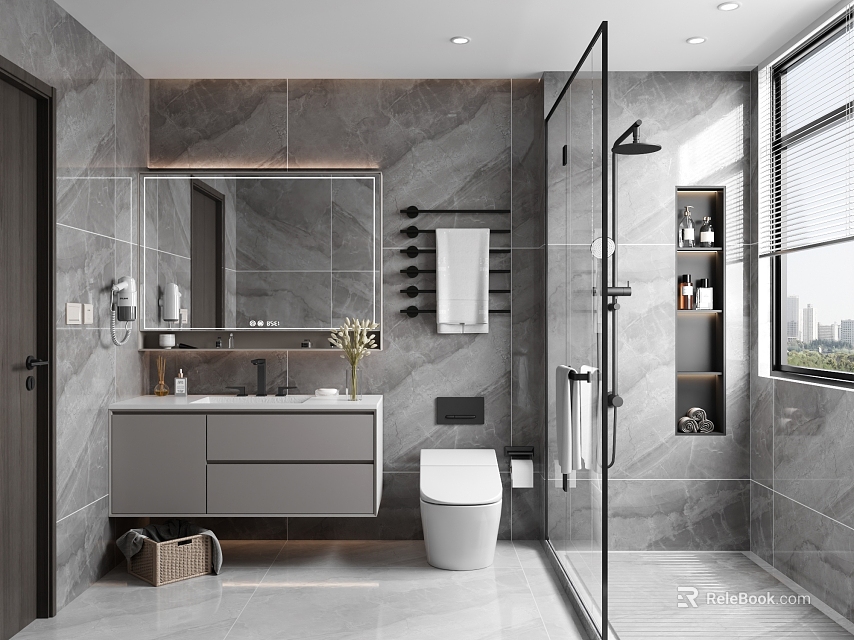 Modern Bathroom Interior Design With Gray Marble Open Shower Wall Mounted Vanity And Large Mirror 3d model 