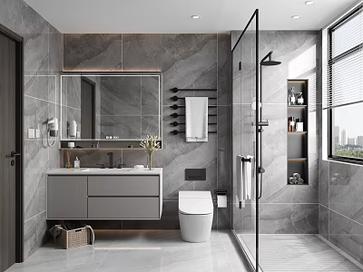 Modern Bathroom Interior Design With Gray Marble Open Shower Wall Mounted Vanity And Large Mirror 3d model