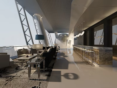 Modern Restaurant Open Layout With Bar Counter Sofa Seating And Hanging Lights 3d model