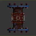 Rusted Industrial Valve With Blue Red Body Flange And Bolts