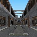 Museum Building Atrium Design With Gray Brick Walls Wooden Frames And Hanging Orange Spheres