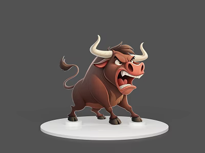 Angry Cartoon Reptile Figure With Big Horns On White Circular Base Gray Background 3d model