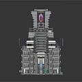 Cartoon High Rise Building with Colorful Layers Glass Facade and Green Base
