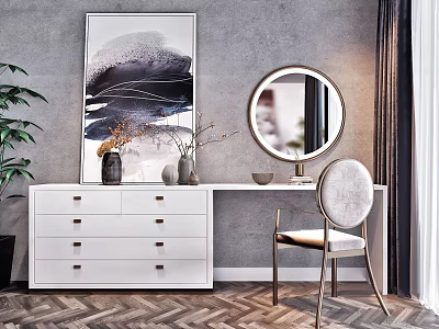 Elegant Modern White Dressing Table Interior With Round Mirror Chair And Decorative Drawers 3d model