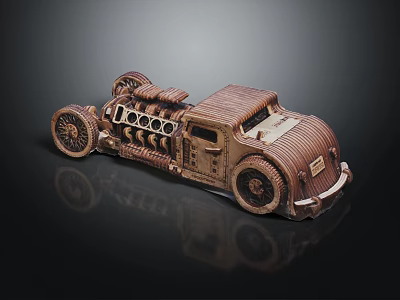 Vintage Handcrafted Car Model With Metallic Striped Body Large Wheels And Circular Engine Parts 3d model