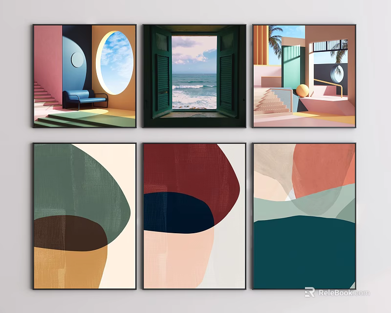 Modern Wall Art Collection With Landscape Scenes And Abstract Geometric Patterns 3d model