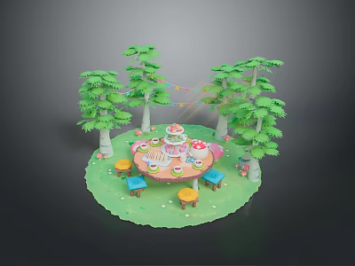 Animals Having Party In Forest With Round Table Cake Food And Chairs 3d model