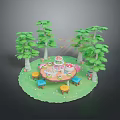 Animals Having Party In Forest With Round Table Cake Food And Chairs