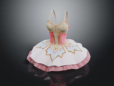 Pink And White Ballet Dress With Golden Patterned Tutu And Decorative Details 3d model