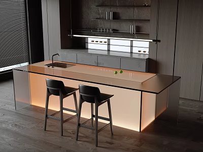 Modern Bar Counter With Glass Countertop LED Underlighting Black Bar Stools And Gray Cabinets 3d model