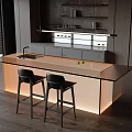 Modern Bar Counter With Glass Countertop LED Underlighting Black Bar Stools And Gray Cabinets