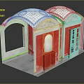 Elevator Hallway With Red Walls White Decorative Arches Windows And Doors