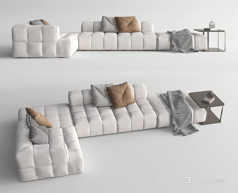 Modern Light Colored Sectional Sofa Design With Brown Grey Pillows Throw Blanket And Side Table 3d model 