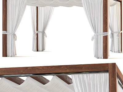 White Sheer Curtains With Wooden Frame And Tiebacks For Home Interior Decor 3d model
