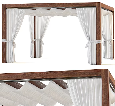 White Sheer Curtains With Wooden Frame And Tiebacks For Home Interior Decor 3d model