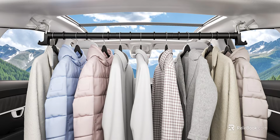Various Fashion Clothes Hanging On Coat Hanger With Sky Window Blue Sky And White Clouds 3d model 