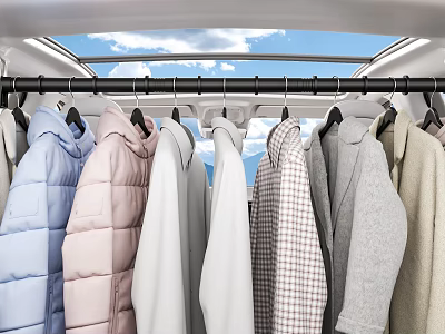 Various Fashion Clothes Hanging On Coat Hanger With Sky Window Blue Sky And White Clouds 3d model