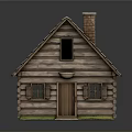 Traditional Wooden Log Cabin With Sloped Roof Brick Chimney Windows And Front Door