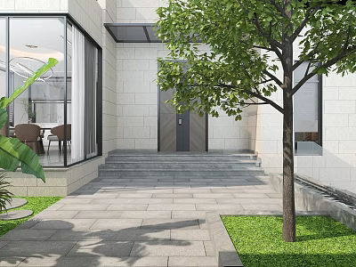 Modern Garden Entrance Design With Stone Pathway Large Tree Steps And Green Lawn 3d model