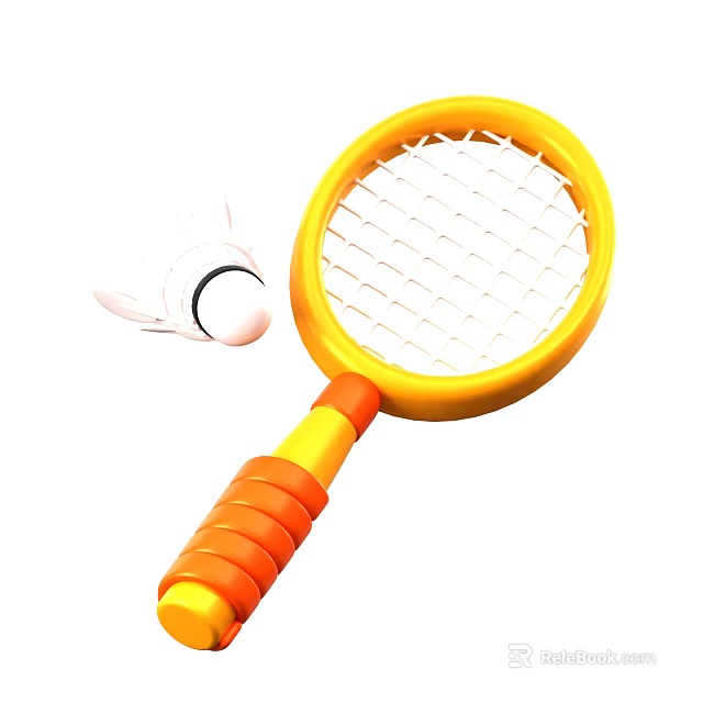Yellow And Orange Badminton Racket With White Shuttlecock Sports Equipment 3d model 