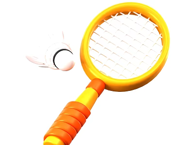 Yellow And Orange Badminton Racket With White Shuttlecock Sports Equipment 3d model