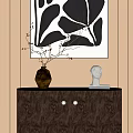 Elegant Brown Entryway Console Table With Vase Branches White Sculpture And Black White Abstract Painting