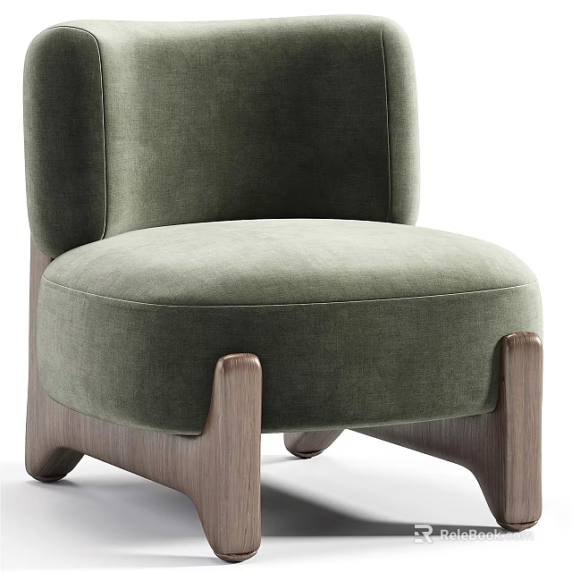 Olive Green Velvet Leisure Chair With Comfortable Seat And Wooden Legs Design 3d model 