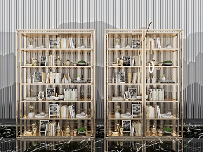 Modern Golden Metal Bookcases With Open Shelves Books Photo Frames Decor Items 3d model