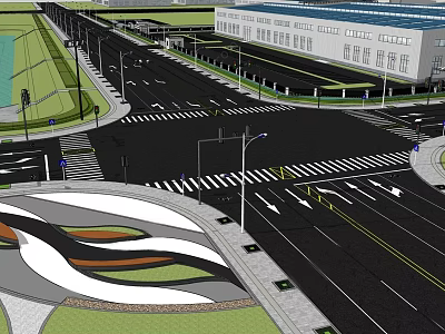 Municipal Road Intersection Featuring Traffic Lanes Pedestrian Walkways Green Belts And Street Lamps 3d model