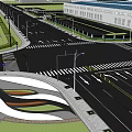 Municipal Road Intersection Featuring Traffic Lanes Pedestrian Walkways Green Belts And Street Lamps