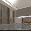 Luxurious Hotel Lobby With Wooden Bookshelves Red Accent Wall And Marble Flooring