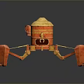Shiny Gold And Red Mechanical Game Movie Character With Multiple Arms And Dark Background