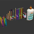 Assorted Colored Pencils Crayons with Glue Bottle Erasers and Stationery Supplies