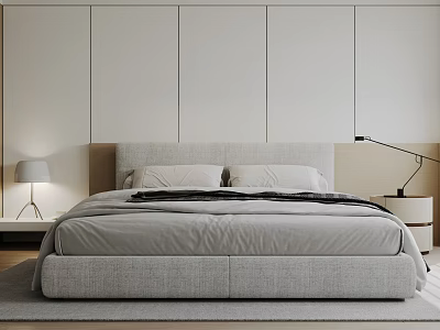 Double Bed Modern Bedroom Interior Design With Bedside Table Lamp Light Gray Beige Minimalist Tones 3d model