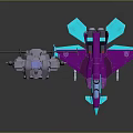Giant Silver Mech Robot Standing Next To Purple Blue Toy Plane Model