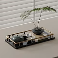 Stylish Tea Tray With Ceramic Teapot Green Plant On Tabletop Near Window Blinds