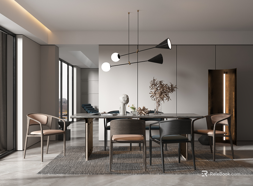 Modern Elegant Restaurant Interior With Marble Dining Table Chairs And Pendant Lights 3d model 