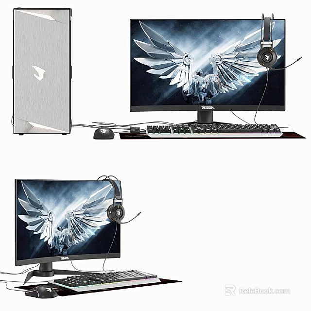 Modern Computer Setup Including Monitor Keyboard Mouse Headphones And Stylish Case Design 3d model 