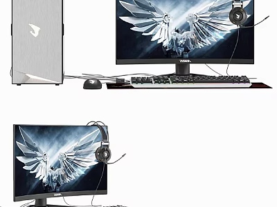 Modern Computer Setup Including Monitor Keyboard Mouse Headphones And Stylish Case Design 3d model