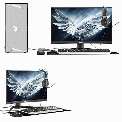 Modern Computer Setup Including Monitor Keyboard Mouse Headphones And Stylish Case Design 3d model