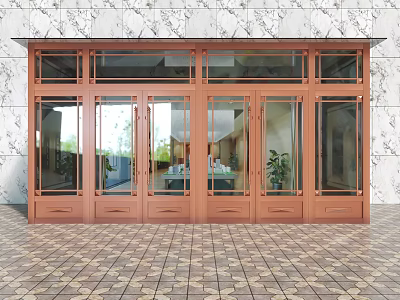 Elegant Copper Entrance Door With Glass Panels And Marble Wall Tiled Floor 3d model